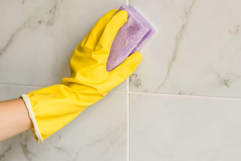 Shower Tile Cleaned with Sponge.