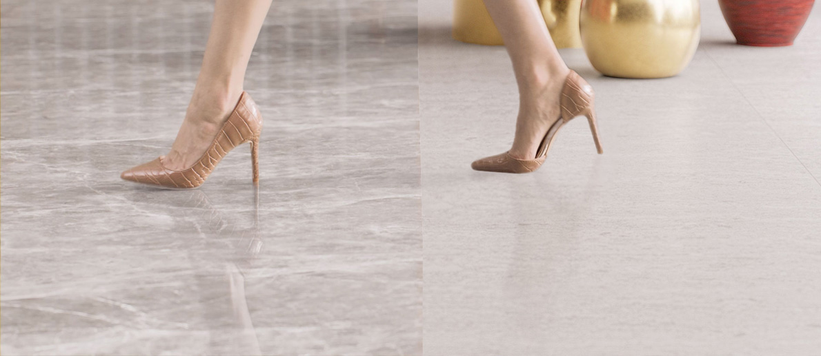 Lady walking on Tile with Microban.