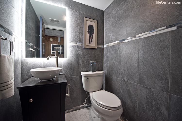 Grey Tile Modern Powder Room Remodel