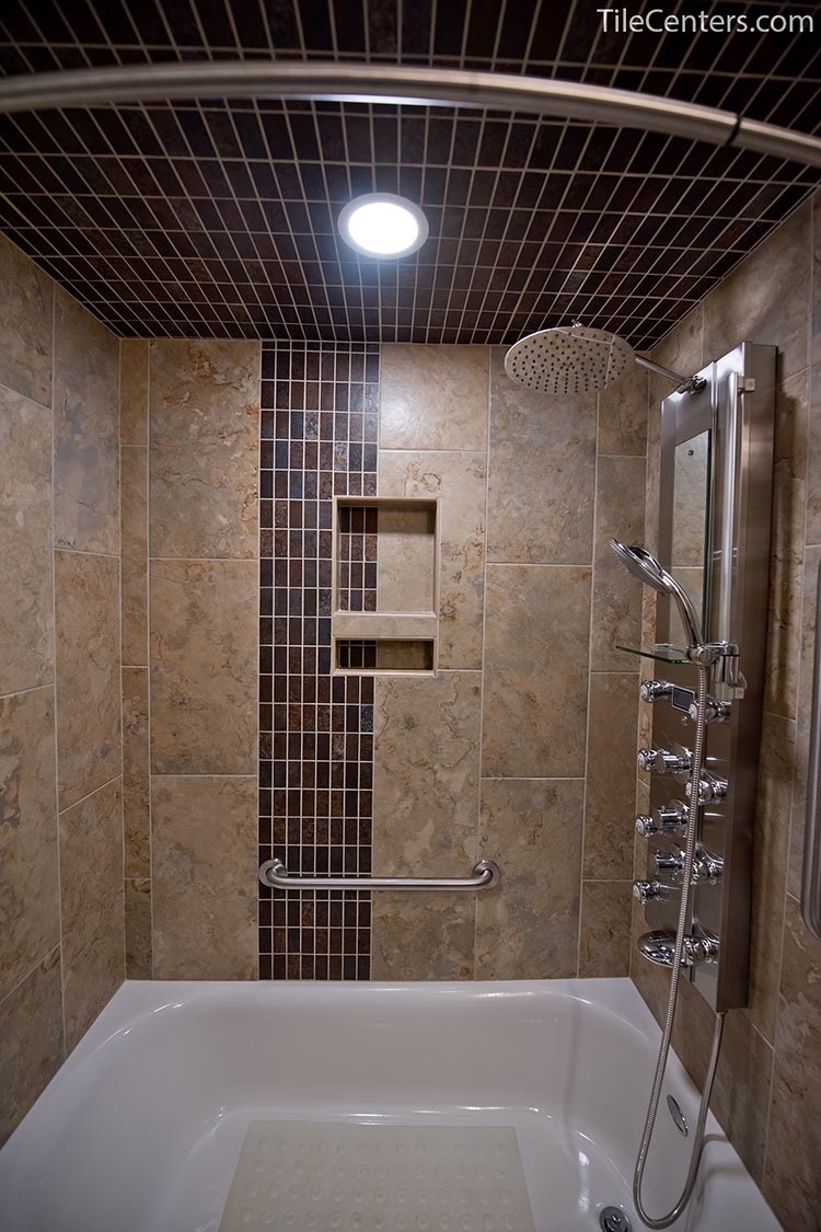 Beige and Grey Shower with Bathtub