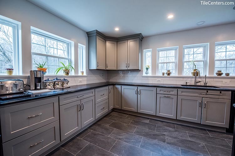 Grey Kitchen Cabinets with Black Countertop