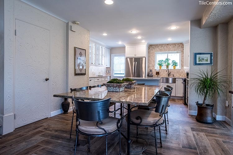 Transitional Kitchen Remodel with Wood Look Floor Tile