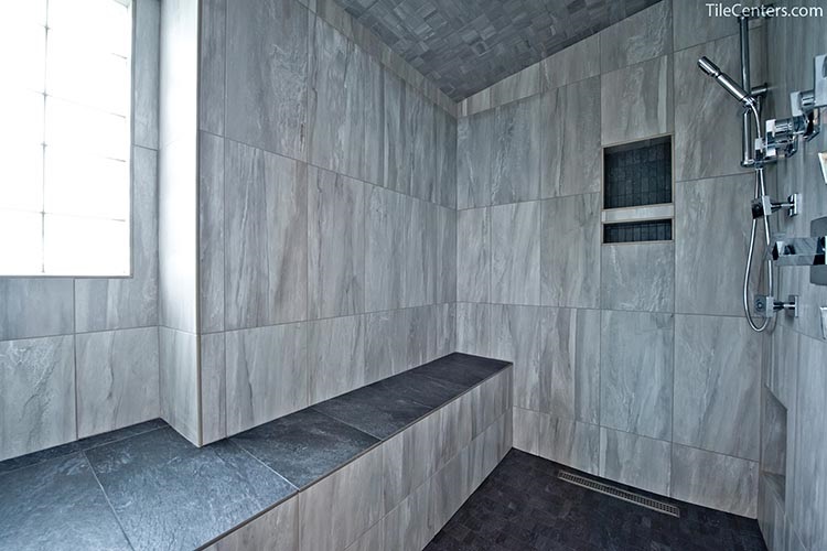 Villeroy & Boch Grey Porcelain Tile Shower with Seat and Niche