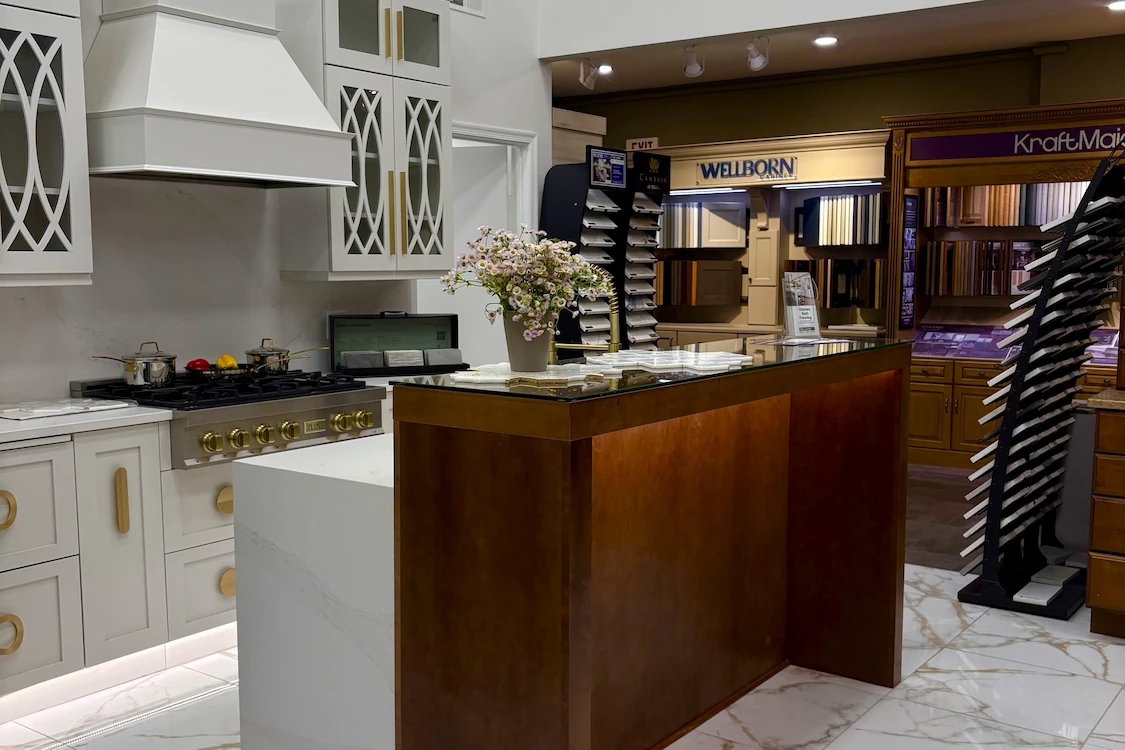 Tile Center kitchen and bath remodeling showroom interior with kitchen cabinets display
