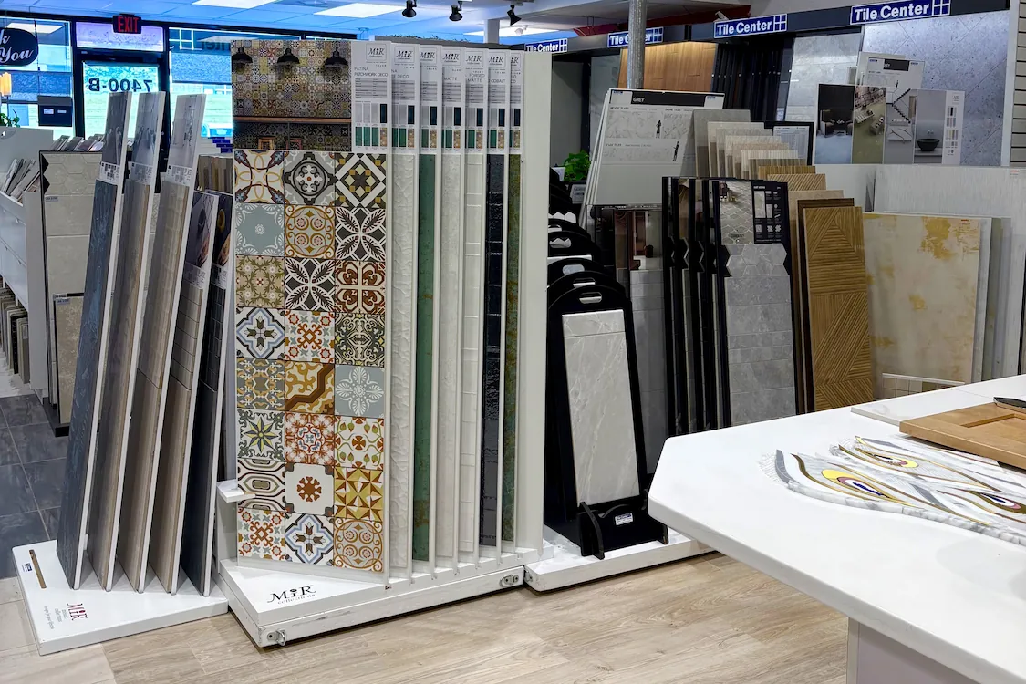 Tile Center kitchen and bath remodeling showroom interior with tile selections.