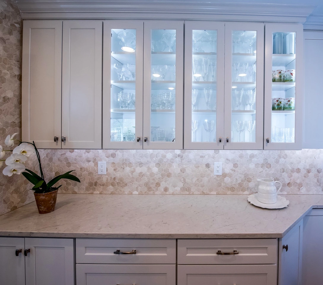 3D kitchen design rendering software with technical blueprints for a modern kitchen remodel.